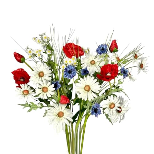 naninoa Künstlicher Wiesenblumenstrauß ca. 60cm. 1x Strauß aus Kamille, Kornblume, Mohn, Margerite, Isolepsis. Blumenstrauß künstlich Frühlingsblumen Sommerblumen Dekoration von naninoa