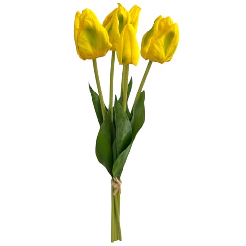 naninoa Künstliche Papageien-Tulpen – 5er Bund – Hochwertige Kunstblumen 48 cm – Deko Tulpen für Frühling & Ganzjahresdeko Gelb von naninoa