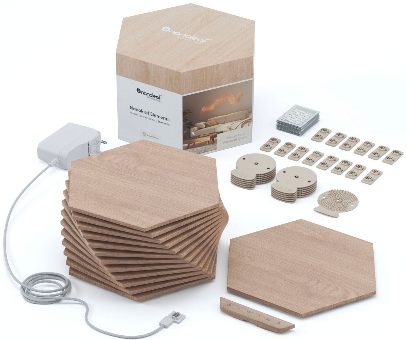 nanoleaf Dekolicht Elements Wood Look, Abschaltautomatik, LED fest integriert, Kaltweiß, Starter Kit - 13 PK, Modulares Stecksystem, Smarte Technologie von nanoleaf