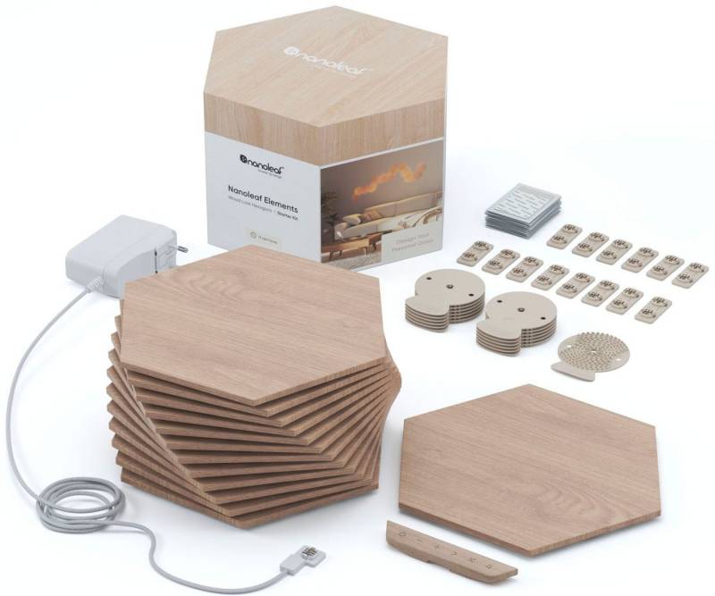 nanoleaf Dekolicht Elements Wood Look, Abschaltautomatik, LED fest integriert, Kaltweiß, Starter Kit - 13 PK, Modulares Stecksystem, Smarte Technologie von nanoleaf