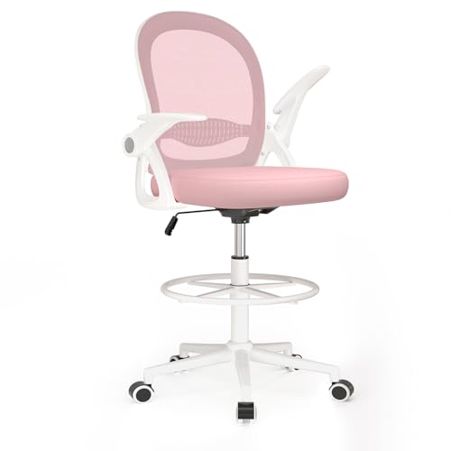 Naspaluro Bürostuhl mit Fußstützenring, Ergonomischer Schreibtischstuhl mit Atmungsaktiv Netzbespannung, Hochklappbare Armlehnen, Höhenverstellbarer, Computerstuhl, Leichter Stuhl, 360° Drehstuhl Rosa von naspaluro