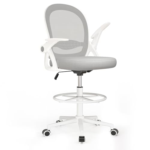 Naspaluro Bürostuhl mit Fußstützenring, Ergonomischer Schreibtischstuhl mit Atmungsaktiv Netzbespannung, Hochklappbare Armlehnen, Höhenverstellbarer, Computerstuhl, Leichter Stuhl, 360° Drehstuhl Grau von naspaluro