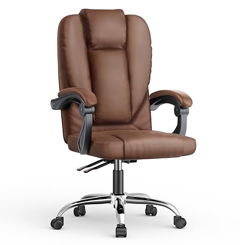 naspaluro Ergonomischer Bürostuhl, Hochwertiger Schreibtischstuhl Aus PU-Leder, Federpolster-Design, Hohe Rückenlehne, Verstellbarer Chefsessel, Drehstuhl mit Lordosenstütze, Leiserollen, Braun von naspaluro