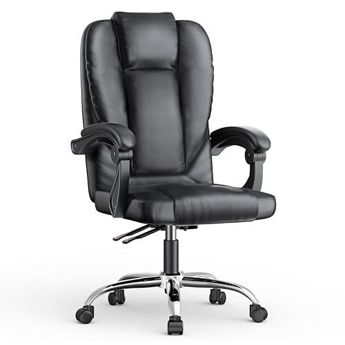 naspaluro Ergonomischer Bürostuhl, Hochwertiger Schreibtischstuhl Aus PU-Leder, Federpolster-Design, Hohe Rückenlehne, Verstellbarer Chefsessel, Drehstuhl mit Lordosenstütze, Leiserollen, Schwarz von naspaluro