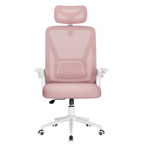 naspaluro Ergonomischer Bürostuhl, Schreibtischstuhl mit 90° Klappbaren Armlehnen, Einzigartige Lendenwirbelstütze, Verstellbare Kopfstütze, Atmungsaktive Mesh-Polsterung für das Heimbüro, Rosa von naspaluro