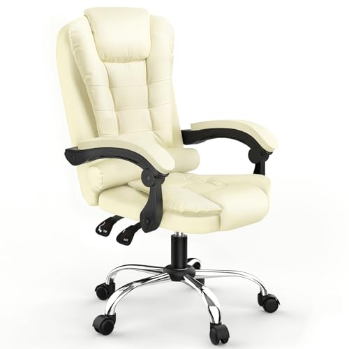 naspaluro Ergonomischer Bürostuhl, Schreibtischstuhl mit Hoher Rückenlehne und Höhenverstellbar, PU Leder Drehstuhl, Liegestuhl für Büro, Zuhause, Beige von naspaluro