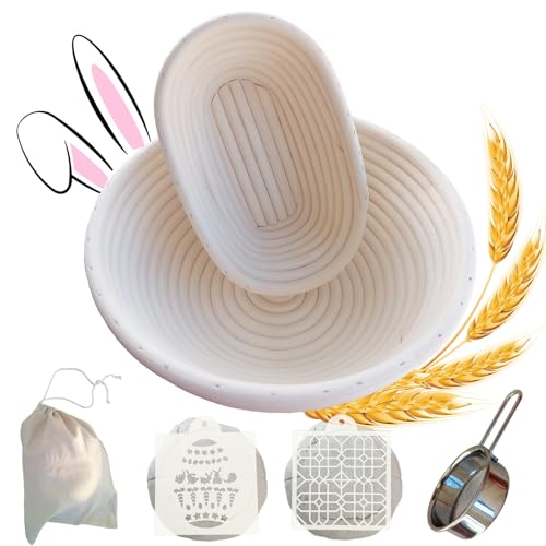 NATTARATTAN Gärkörbchen Rund und Oval, Gärkörbe aus Rattan zum kreativen Brotbacken inkl. Leineneinlage, Brotschablonen, Mehlsieb und Anleitung, Banneton Set von nattarattan