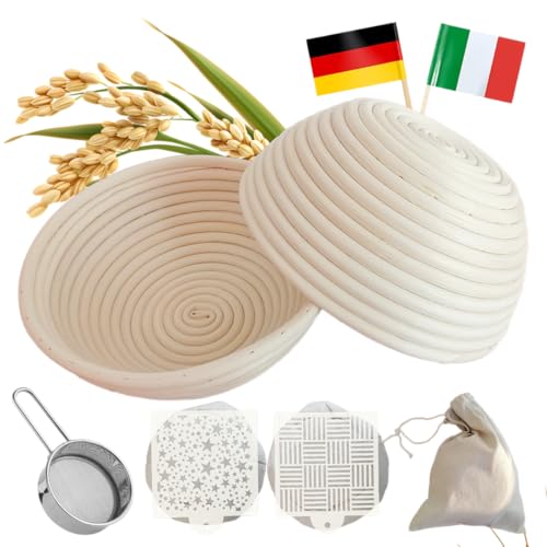 NATTARATTAN Gärkörbe mit Haube rund Ø20cm Duo-Set, Gärkörbchen aus Rattan inkl. Leineneinlage, Brotschablonen, Mehlsieb und Anleitung; Banneton Set von nattarattan