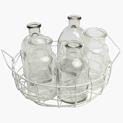 nature trends Draht-Korb Weiß mit 6 Glas-Flaschen rund Ø 22 cm x 5,5 cm von nature trends