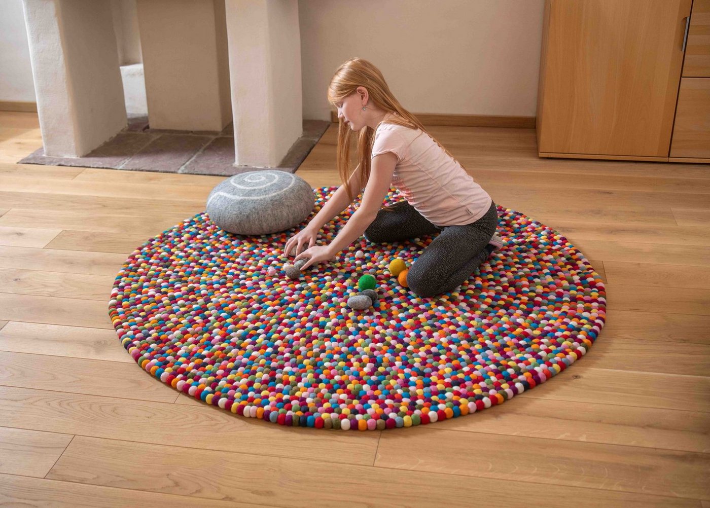 Wollteppich Filz Kugel Teppich aus 100% Schurwolle, naturling, Rund, Höhe: 20 mm, hohe Filz Bälle von naturling