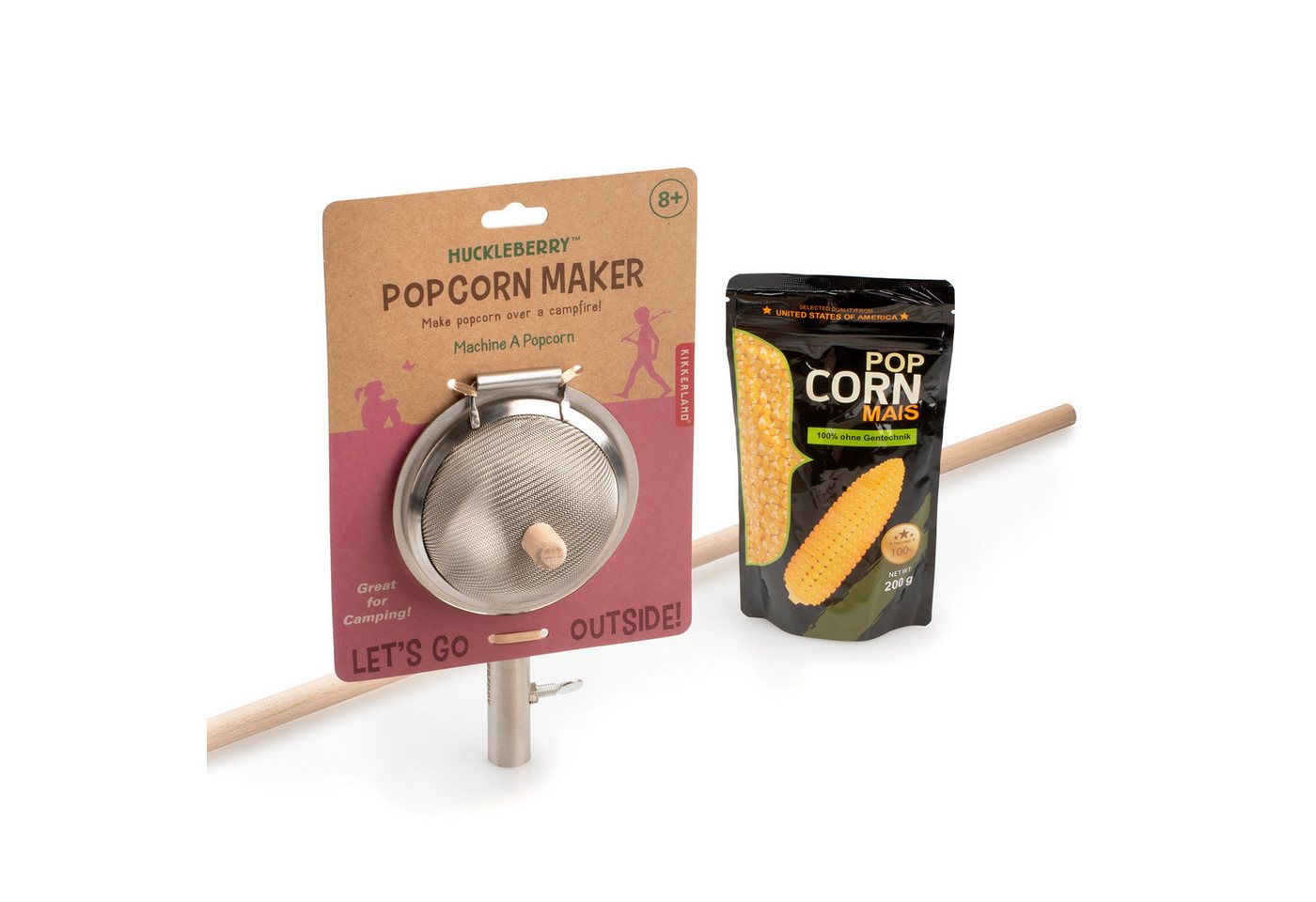 naturling Popcorn-Pfanne Huckleberry Popcorn Maker Set mit Holzstab & Hopser Popcornmais, Edelstahl (3-tlg) von naturling