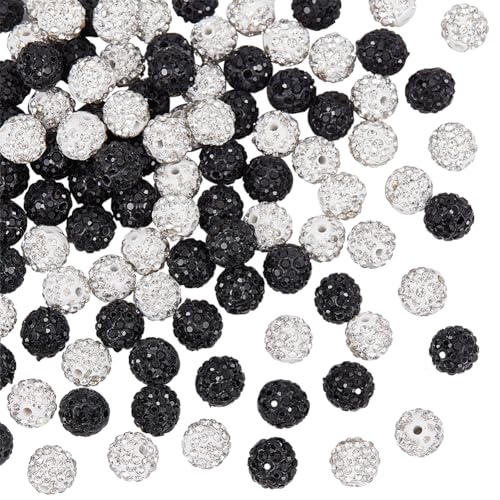 NBEADS 100 Stück 10mm Pave Discokugel Perlen, Schwarz Und Weiß Polymer Clay Strass Perlen Ball Charm Runde Lose Perlen Für Die Schmuckherstellung von nbeads