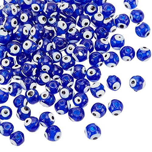 nbeads 100 Stück Lampwork Glas Evil Eye Perlen, 8 mm Handgefertigte Lampwork Perlen Türkischer Böser Blick Spacer perlen Runde Evil Eye Lose Perlen Für Armbänder Halsketten Schmuckherstellung, Blau von nbeads