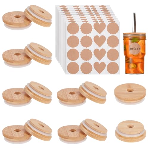 NBEADS 12 Stk. Bambus Tassendeckel mit Strohhalmloch, 69mm Holzbecherdeckel mit Strohhalmlochmit 10 Blättern Selbstklebende Aufkleber Bambus Becherdeckel für Teetasse Glas Krüge Flasche von nbeads