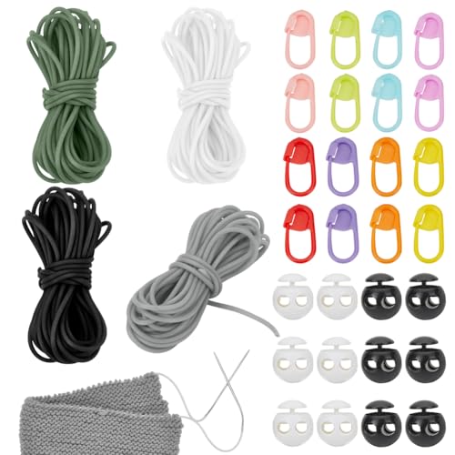 NBEADS 20m 4 Farben Gummischnur, 2mm Hohle Gummischlauch Strickschnur Stitch Keeper mit 12 STK. Cord Locks 20 Stück Stich Nadel Clips für Strickprojekte, Schwarz und Weiß von nbeads