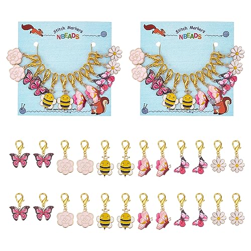 nbeads 24 Stück Schmetterling Blume Biene Maschenmarkierer, Legierung Emaille Häkeln Stich Marker Charms Verriegelung Stich Marker mit Zink-Legierung Karabinerverschluss für Häkeln Quilten Zubehör von nbeads