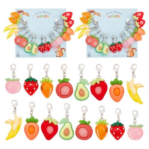 NBEADS 32 Stück Obst Gemüse Maschenmarkierer, Harz-Häkelmarkierer Abnehmbare Hummerverschluss Verriegelung Stitch Marker für Stricken Weben Nähen Schmuckherstellung von nbeads