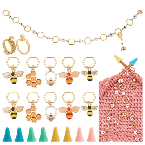 NBEADS 33 Stück Strickzubehör, Einschließlich 10 Stück Maschenmarkierer In Bienenform 1 Stück Strickreihenzählerketten 20 Stück Stricknadelstopper 2 Stück Garnführungs-Fingerhalter Für DIY-Stricken von nbeads
