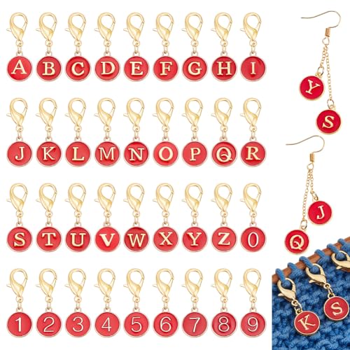 NBEADS 36 Stück Nummernstichmarkierer, Rot 36 Stile Einschließlich A-Z Buchstaben-Häkelmarker 0-9 Maschenmarkierer Mit Zahlenverriegelung Emaille-Stichnadel-Clip Zum Stricken Weben Nähzubehör von nbeads