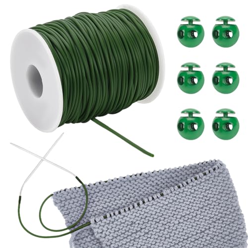 NBEADS 55 Yards/50m Gummischnüre zum Nähen, 2mm Maschenhaltekordeln Maschenhalter Mit 6 Stück 0.55cm Loch Kordelstopper Zum Halten von Maschen Armbändern Halsketten Perlen, Dunkel Olivgrün von nbeads