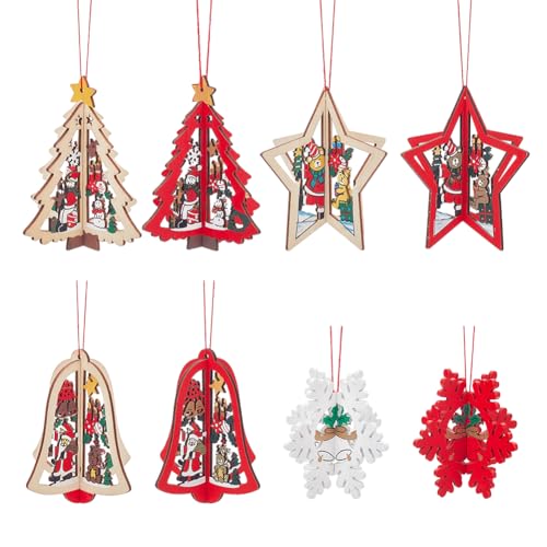 NBEADS 8 Stück 3D Christbaumschmuck, Holzanhänger In Schneeflocken/Weihnachtsbaum/Stern/Glockenform Dekoration Weihnachtsschmuck Zum Aufhängen Für Den Baum Winterwunderland Weihnachtsdeko von nbeads