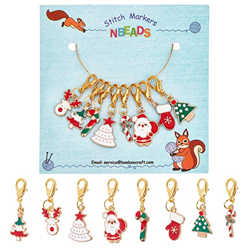 nbeads 8 Stück Weihnachtsmotiv Maschenmarkierer, 8 Styles Weihnachtsbaum/Weihnachten Rentier Legierung Emaille Häkelstichmarker Charms Verriegelungsstichmarker Zum Stricken Weben Nähen Schmuck von nbeads