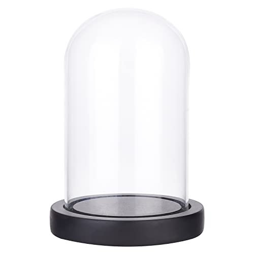 NBEADS Glasglocke mit Holzboden, 16,5 cm Hoch Transparente Glasbox Dome Cloche Glas Display halbrund Klare Dekorative Vitrine mit schwarz Tablett für Valentinstag Ewige Rose Lichterketten quitäten von nbeads