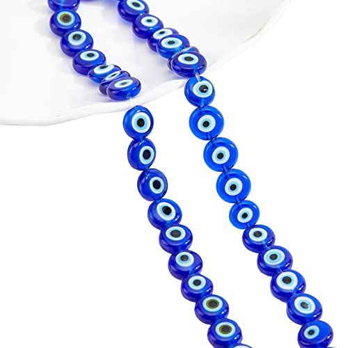 NBEADS ca. 48 Stück Glas Evil Eye Perlen, 7.5 mm Blau Flat Round Lampwork Evil Eye Charms Turkish Evil Eye Spacer Perlen Augenperlen für Armbänder Schmuckherstellung von nbeads