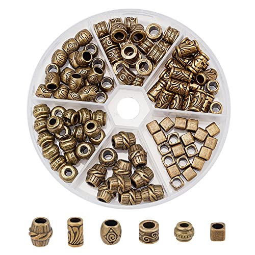 nbeads 110 Stück 6 Stile Legierung Europäische Perlen, Tibetische Dreadlock Perlen Bronze Spacers Antike Perlen Große Lochketten Haarperlen Für DIY Schmuckherstellung, Bohrung: 4~5.5 mm von nbeads