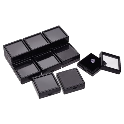 nbeads 12 Stk. Edelstein Display Boxen, 4.15x4.15x1.65cm Schwarzer Quadratischer Schmuck-Display-Container Diamant-Aufbewahrungsbox mit Klarglas-Deckel und schwarzem Schwamm für Bare Stone Diamanten von nbeads