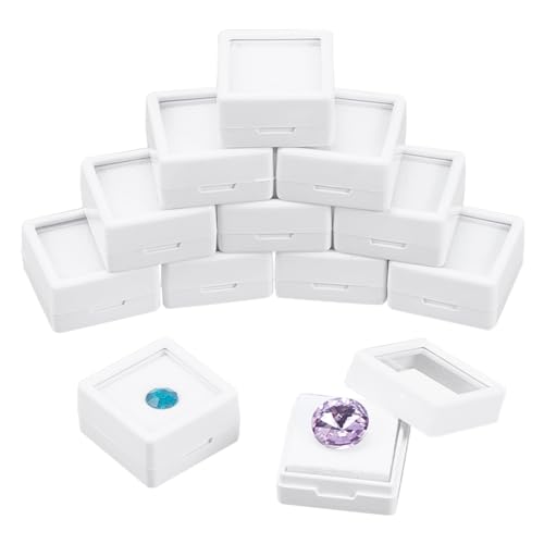 nbeads 12 Stück Edelstein Displayboxen, 2.95x2.95x1.6cm Quadratischer Schmuckbehälter Aus Weißem Kunststoff Mit Durchsichtigen Acryldeckel Und Schwamm Für Nackte Steine Und Diamanten von nbeads