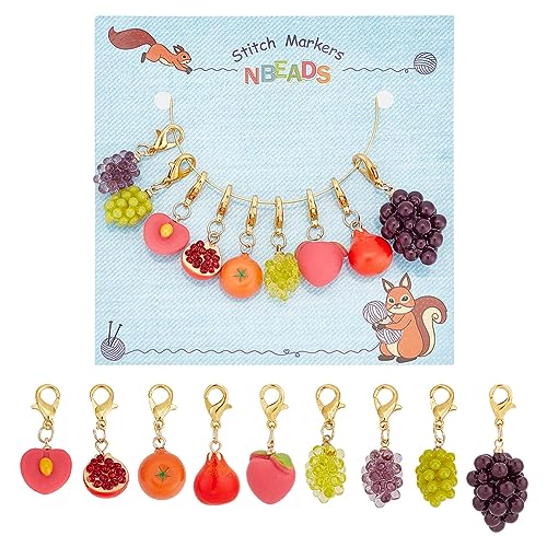 nbeads 18 Stück Imitation Obst Maschenmarkierer, Harz-Legierung Häkeln Stich Marker Charms Abnehmbare Hummer Klaue Clasps Stich Marker für Stricken Weben Nähen Schmuckherstellung von nbeads