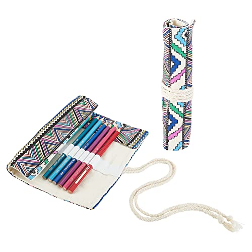 nbeads 2 Stück Pinsel Aufrolltasche, 2 Stile 12/20 Löcher Boho Leinwand Bleistiftrollen Aufrollen Wrap Pouch Makeup Pinseltasche Aquarellpinselhalter Organizer Faltbar, Geometrisches Muster von nbeads