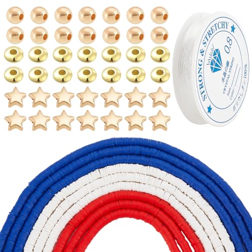 nbeads 3510-3780 Stück Polymer-Ton-Abstandshalter-Perlen-Set, Inklusive Rot Weiß Blau Polymer Clay Disc Perlen, Golden Spacer Perlen Und Elastischen Faden July 4Th Perlen Für Schmuck Machen Kit von nbeads