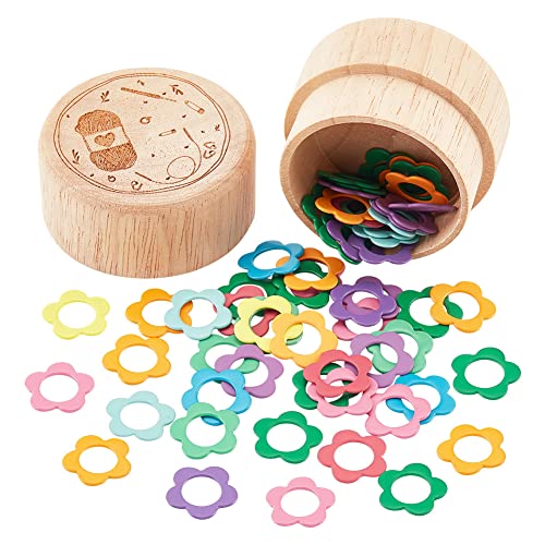 nbeads 60 Stück Legierung Blumenform Maschenmarkierer, 9.5mm Ringmaschenmarkierer Häkelmaschenmarkierer Charms Farbige Verschlussstiche Mit Aufbewahrungsbox Aus Holz DIY Bastelset Zum Nähen Stricken von nbeads