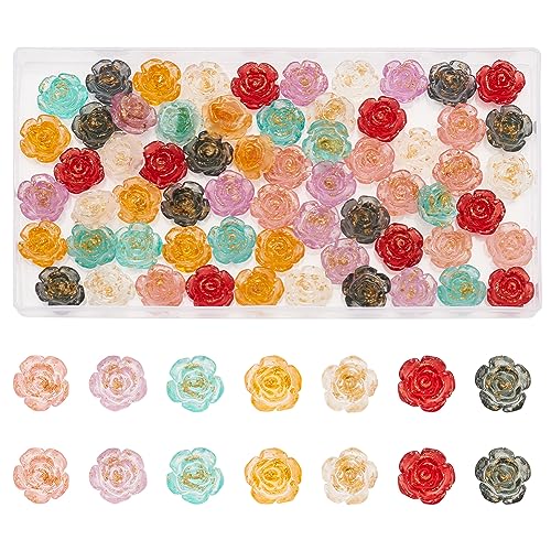 nbeads 70 Stück 7 Farben Harz Rose Cabochons, 1.4cm Transparente Harz Blume Charms Undrilled Flatback Rose Perlen mit Goldfolie für Schmuck Machen DIY Handwerk Dekoration von nbeads