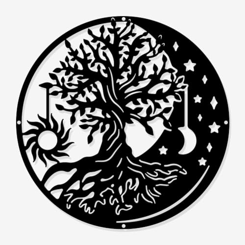 nbeads Baum Muster Wanddekor, 30x30cm Mond und Sonne Schwarzes Eisen Wanddekor Yin Yang Flach Rund Hängende Zeichnung Metall Wand-Skulpturen für Schlafzimmer Wohnzimmer Dekoration von nbeads