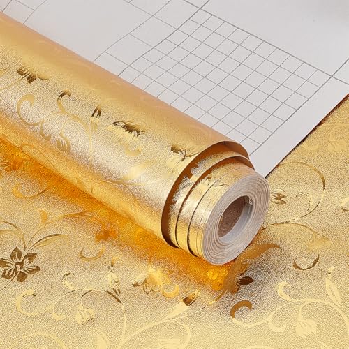 nbeads Folie Küche Öl Wasserdicht Aufkleber, 10m×39.5cm Abziehbare und klebbare geprägte Tapete Aluminum Goldene Folie Backsplash Aufkleber Selbstklebendes Kontaktpapier für Küche Bad Arbeitsplatten von nbeads