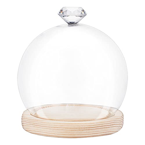 nbeads Glasglocke mit Holzboden, Transparente Glasbox Dome Cloche Glas Display halbrund Klare Dekorative Glas Vitrine mit Tablett für Valentinstag Ewige Rose Lichterketten schmuck, 11.9x13 cm von nbeads