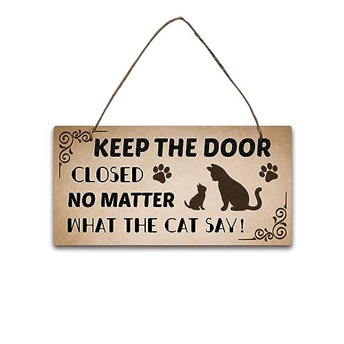 nbeads Holz Haustier Zeichen, Keep The Door Closed No Matter What The Cat Say Hängende Schild Dekor Holz Wand Kunst Dekor mit Jute Bindfaden für Tür Haus Landhaus Bauernhof Dekoration, 30x15cm von nbeads