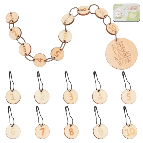 NBEADS Nummer Masche Marker, Holz-Strickreihen-Zähler-Ketten und 1-10 Nummer Masche Marker Häkeln Charms Masche Marker mit Selbstklebenden Papier Etiketten zum Stricken Weben Nähen von nbeads