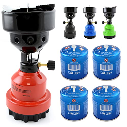 nean moderner Gas Campingkocher für Gaskartuschen/Stechkartuschen Gaskocher Gasbrenner Shishabrenner Shisha Kohleanzünder Anzünder Kartuschenkocher + 4 Gas-Kartuschen (Rot) von nean
