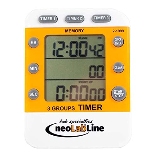 neoLab 2-1999 neoLabLine ABS 3-Kanal Multi-Timer mit Großem Display, 88.7mm Höhe x 68mm Breite, Grau/Weiß/Orange von neoLab