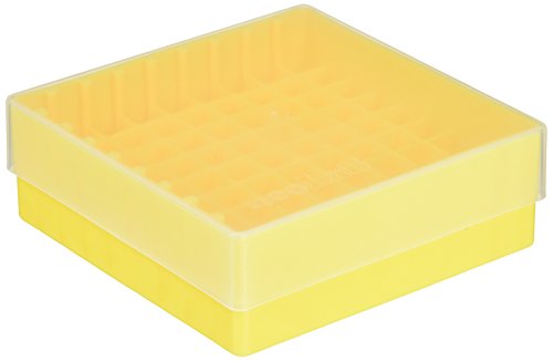 neoLab Polypropylene Kryo-Aufbewahrungsbox mit Übergreifender Transparent Stülpdeckel, 81 Stellplätze für Gefäße, Gelb von neoLab