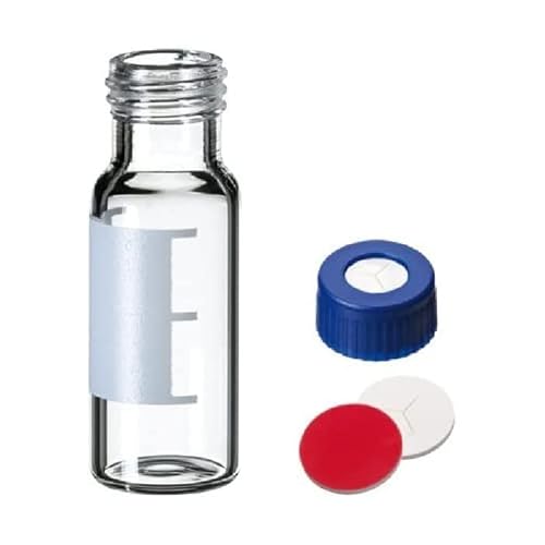 neochrom Schraubfläschchen Klarglas, Schriftfeld, Gewinde 9-425, Blauer Deckel, Rotes PTFE/Weißes Silikon, Schlitz, 2mL Kapazität, 100 Stück von neochrom