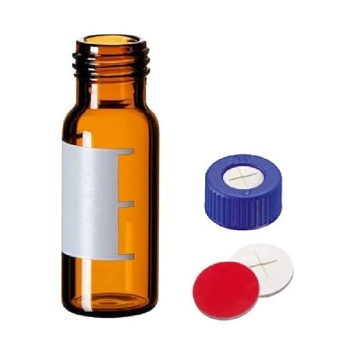 neochrom Schraubfläschchen mit Schriftfeld/Schlitz, Braunglas, Montiert, 9mm Blauem Deckel, Rotes PTFE/Weißes Silikon, 2mL Kapazität, 100 Stück von neochrom