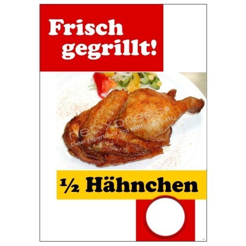 net-xpress Plakat frisch gegrillte halbe Hähnchen A1, Werbeplakat Poster Grillhähnchen von net-xpress