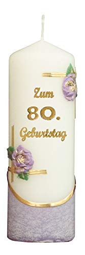 Meissner-Handel Auswahl * Jubiläumskerze/Geburtstagskerze ''Zum 80. Geburtstag'' * lila * mit farbigen Wachsauflagen * (Motiv 003) Auswahl Motiv + Farbe von Meissner-Handel