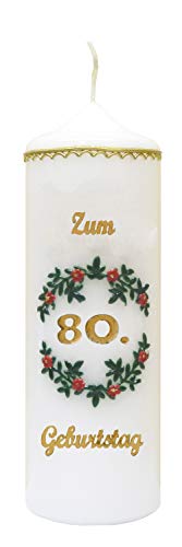 Meissner-Handel Kerze 'Zum 80. Geburtstag' - Rot, Unparfümiert, Motiv 004, Zylindrisch, 6 x 18 cm, Handverziert mit farbigen Wachsauflagen, Ideal als Geschenk oder Tischdekoration von Meissner-Handel
