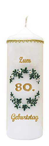 Meissner-Handel Auswahl * handverzierte Geburtstagskerze ''Zum 80. Geburtstag'' * weiß * m. farbigen Wachsauflagen * (Motiv 004) * Auswahl Motiv + Farbe von Meissner-Handel